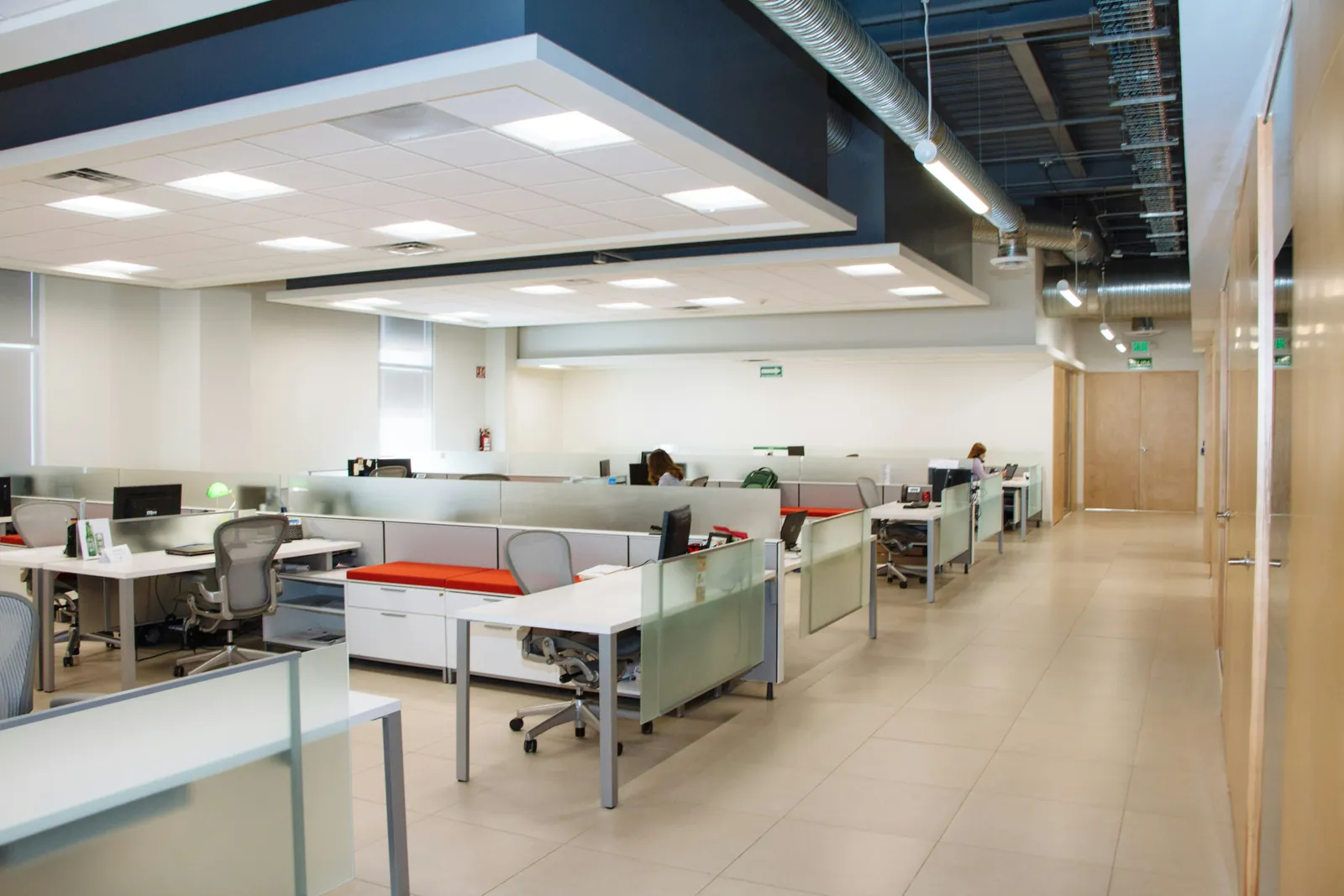 Bright commercial office with painted walls, ceiling details, workstations, and wood doors.